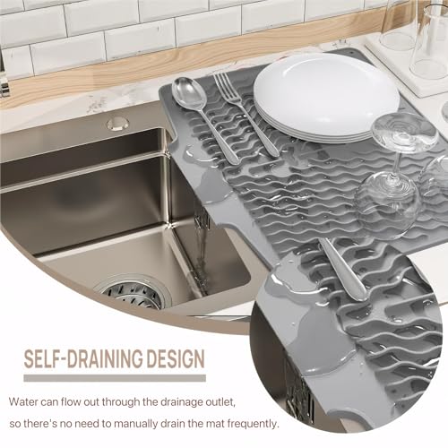 Silicone Dish Drying Mat for kitchen Countertop, Heat Resistant Mats, Dish Drainers for Kitchen counter, Hot Pot Holders, Dish Drying Rack with Built in Drain,(Gray, 15.6"x13") - color: Gray