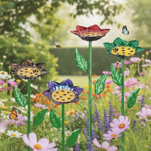 dreamysoul 4 Pack Bee Watering Station, Decorative Metal Bee Bath with Colorful Flower Design for Garden Yard Decor - color: Colorful-c
