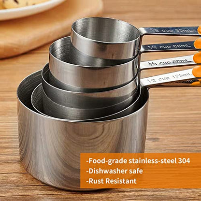 SEEK42 Measuring Spoons and Cups Set of 10 Pieces, Stainless Steel Measuring Utensils with BPA-Free Silicone Grips,Metal Scale Tools for Kitchen Cooking Baking, Dishwasher-Safe (Orange)