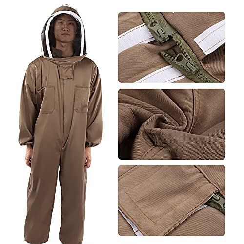 Yctze Beekeeping Protective Suit, One Piece Bee Suit for Beekeepers with High Definition Veil and Zipper, Light Brown Polyester Cotton, Foldable (L)