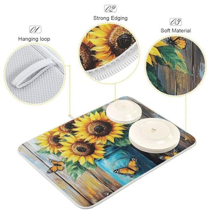 Monarch Sunflowers Jar Dish Drying Mat for Kitchen Counter Super Absorbent Draining Mat with Non-slip Backed Coffee Mat for Dish Bottles Cups Bowl Countertops Sinks Draining Racks