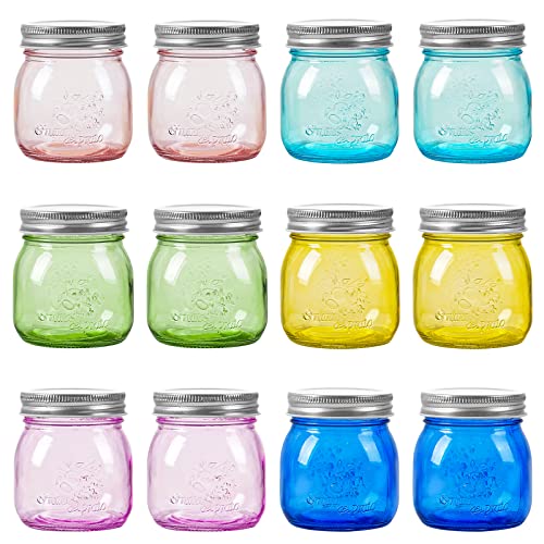 Amzcku Colored Mason Jars 8 oz with Metal Lids - Regular Mouth Canning jar for Jam, Honey, Wedding Favors, Shower Favors, Pickling, Food Storage, Jelly, DIY Spice Jars, 12 Pack - color: colored 8 oz