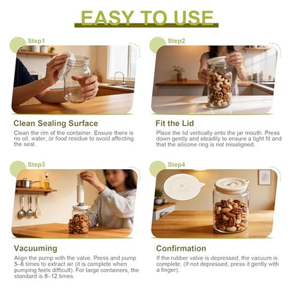 Mason Jar Vacuum Sealer Kit – Manual Sealer with 6 Reusable Silicone Lids for Wide & Regular Mouth Jars | Perfect for Juices, Smoothies & Keeping Food Fresh
