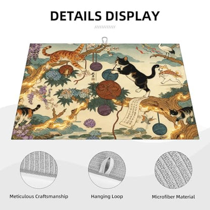 Kitchen Drying Mat for Countertop Oriental Cat Garden Art Pattern Non-Slip Kitchen Counter Mat for Dishes Glassware - color: Beige Teal