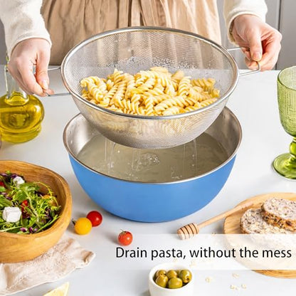 304 Stainless Steel Rice Washing Bowl and 40 Mesh Strainer Set, 3.5QT | 40-mesh strainer helps prevent grain loss while measurement marks and sturdy handles make rinsing and draining easier. - color: Blue