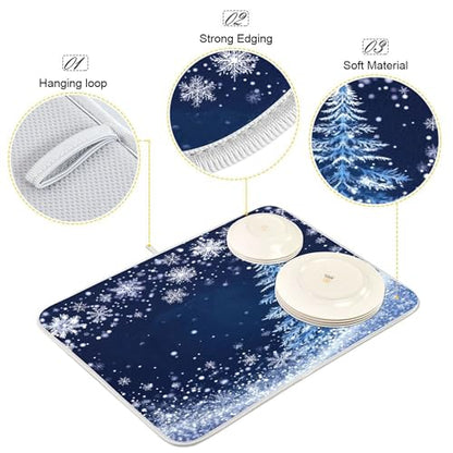 Christmas Tree Blue Dish Drying Mat for Kitchen Countertop 18x24 Winter Snowflake Silver Xmas Large Drying Mat Reusable Quick Dry Dish Sink Mats Easy Clean Decorative Essentials - size: 18x24(in)x1