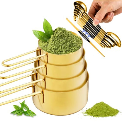 13pcs Gold Stainless Steel Measuring Cups and Spoons Set, Including 8 Double-Sided Magnetic Measuring Spoons Set & 1 Leveler, 4 Metal Measuring Cups, Kitchen Accessroies for Cooking & Baking - color: Gold