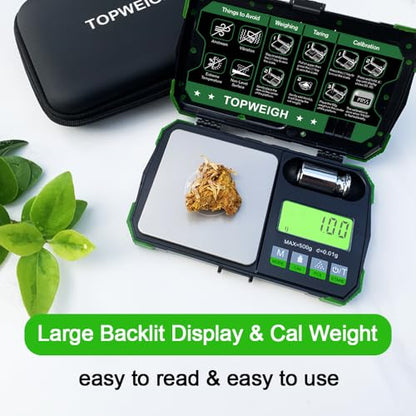 Pocket Scale, Dual Powered, Precision Gram Jewelry Scale with Zipper Case, Digital Small Coin Scale, Large Backlight Display, 500g x 0.01g, 6 Weighing Units,Cal Weight, USB Cable Included - color: Green