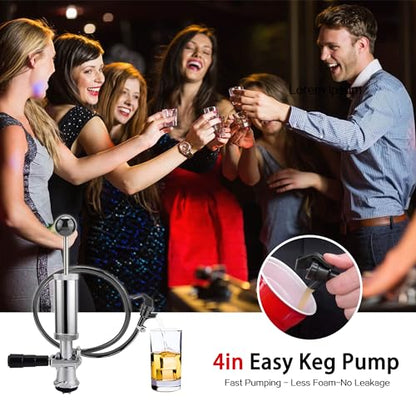 4'' Keg Pump +3 Faucet+4 Hose Clamps, Keg Party Pump US Sankey D System, Beer Party Hand Pump with Picnic Tap for Beer Keg Tap Kit No Leakage No Block