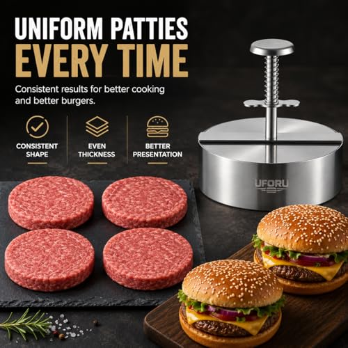 UFORU 4.5 Inch Burger Press,304 Stainless Steel Hamburger Patty Maker,Heavy Duty Non-Stick Patty Press,Spring Back Design,Dishwasher Safe Burger Maker for Smash Burgers Ground Beef,BBQ,Kitchen - size: 4.5inch