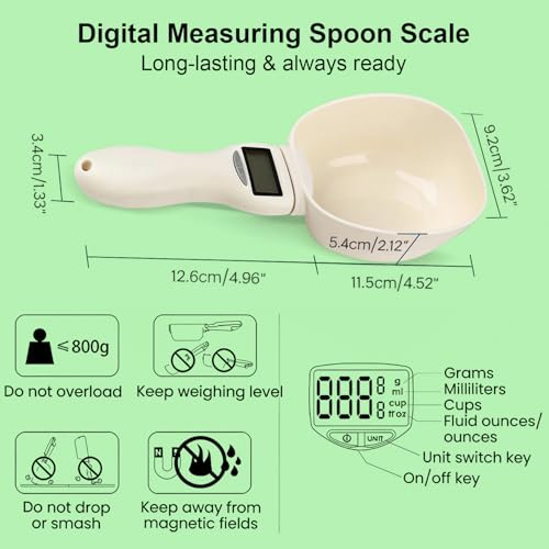 Digital Measuring Spoon Scale, Electronic Kitchen Measuring Spoon Scale, 800g/0.1g High Precision Kitchen Gadget with 5 Units Conversion, Removable Scoop for Cooking, Baking, Pet Food,1PC,Beige