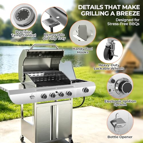 Kismile 4-Burner Propane Gas Grill with Side Burner, Stainless Steel 42,000 BTU BBQ Grill, Enameled Baking Rack & Enamel Grates, Barbecue Grill for Outdoor Cooking, Backyard, Patio, Deck Camping