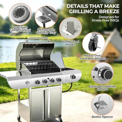 Kismile 4-Burner Propane Gas Grill with Side Burner, Stainless Steel 42,000 BTU BBQ Grill, Enameled Baking Rack & Enamel Grates, Barbecue Grill for Outdoor Cooking, Backyard, Patio, Deck Camping