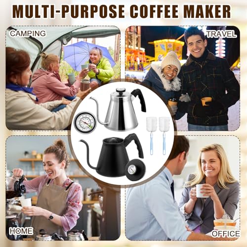 2 Pack 40 oz Gooseneck Kettle with Thermometer Stainless Steel Pour over Coffee Kettle Precision Drip Spout for Stovetop Home Kitchen Camping(Black and Silver) - color: Black and Sliver