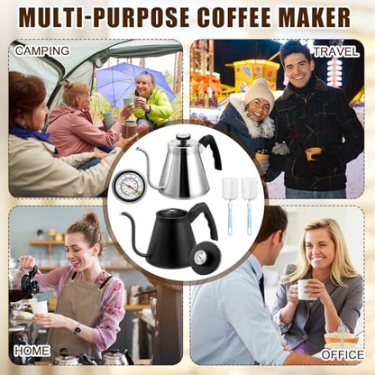 2 Pack 40 oz Gooseneck Kettle with Thermometer Stainless Steel Pour over Coffee Kettle Precision Drip Spout for Stovetop Home Kitchen Camping(Black and Silver) - color: Black and Sliver