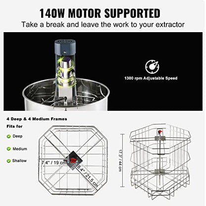 VEVOR Electric Honey Extractor, 4/8 Frame, Silver | Stainless Steel, Transparent Lid, Height Adjustable Stand, Honeycomb Drum Spinner, Apiary Centrifuge Equipment - style: 8 Frame Rack(4 Deep Frames)