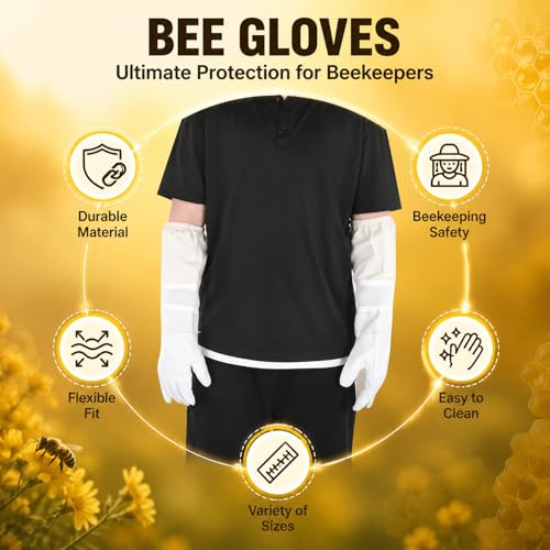 Bee Gloves with Long Sleeves, XL, Breathable Mesh, Elastic Cuff Protective Beekeeper Tool - Durable Goatskin Leather, Ergonomic Design for Hand and Forearm Safety (XL) - size: XL