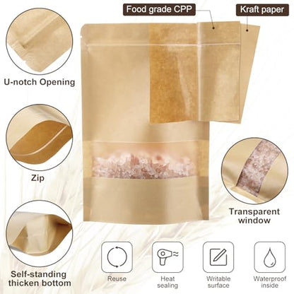 Geosar 600 Pcs Stand up Kraft Pouches with Window 6 x 9 Inch Kraft Paper Sealable Pouches with Notch Heat Sealable Resealable Bags for Small Business, Zipper Food Storage for Packaging, Snacks - size: 6 x 9 Inch