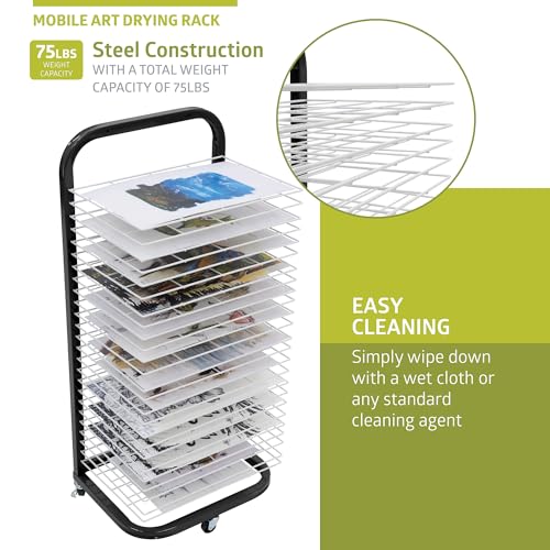 Pearington 25-Shelf Mobile/Wall Mountable Art Drying Rack for Art Studios & Classrooms, 13" D x 17.5" W x 39.4" H, Black/White - color: Black, size: 25 Shelves