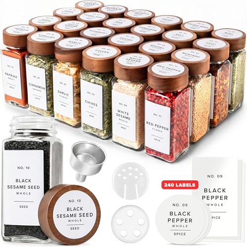 EDELHAUS Glass Spice Jars with Label, 24x Acacia Wooden Lids - White Labels | Airtight acacia lids keep spices fresh; use as a spice organizer, seasoning containers or 4 oz jar set; funnel & 240 labels - color: Acacia Lid + White Labels