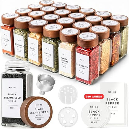 EDELHAUS Glass Spice Jars with Label, 24x Acacia Wooden Lids - White Labels | Airtight acacia lids keep spices fresh; use as a spice organizer, seasoning containers or 4 oz jar set; funnel & 240 labels - color: Acacia Lid + White Labels