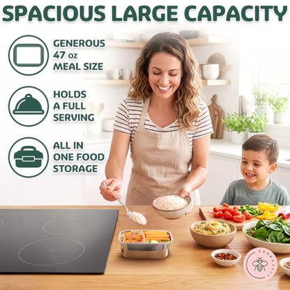 Everusely - Large Stainless Steel Food Container + Snap Lock Lid - 47 oz - Airtight Food Storage Box - Meal Prep, Vegetables, Travel Lunch, Marinating Meat - Microwave, Oven, Refrigerator Safe - size: 1400mL
