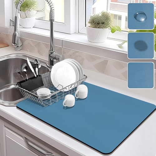 Drying Mat for Kitchen Countertops, Coffee Mat Hide Stain Rubber Backed Absorbent Dish Drying Mat - color: Blue, size: 16" x 24"