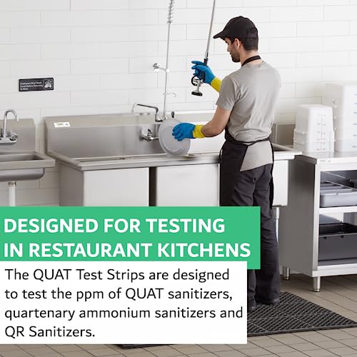 100 Pack Quat Sanitizer Test Strips for Sanitizing Solution – Quaternary Food Service Test Kit for Restaurant Kitchen - QAC QR5 0-500 ppm - 1 x 100-Strip Vials (1 Pack) by FryOilSaver Co.