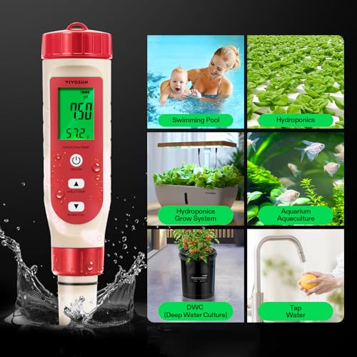 VIVOSUN 4-in-1 Digital pH Meter with pH/TDS/EC/Temp Function, 0-14.0 pH Measurement Range, ±0.1 pH Accuracy Water Quality Tester for Hydroponics, Household Drinking, and Aquarium - color: Red