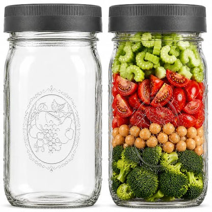 Wide Mouth Mason Jars 32 oz [2-Pack] with Airtight Lids – Glass Meal Prep Jars for Salads, Overnight Oats & Food Storage | BPA-Free Leak-Proof Lids - size: 32 oz