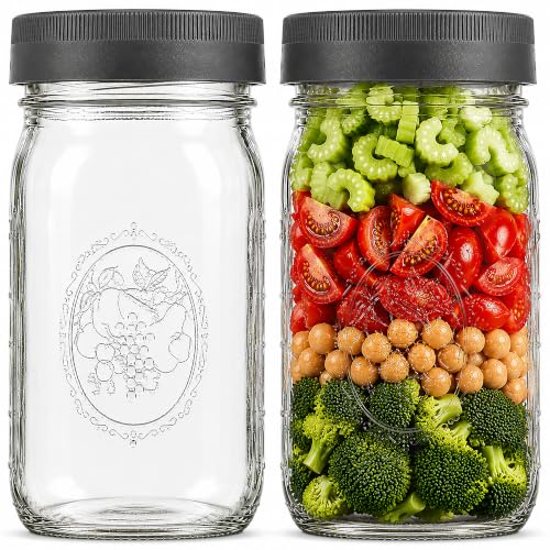 Wide Mouth Mason Jars 32 oz [2-Pack] with Airtight Lids – Glass Meal Prep Jars for Salads, Overnight Oats & Food Storage | BPA-Free Leak-Proof Lids - size: 32 oz