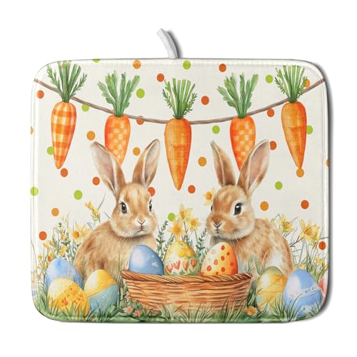Giwawa Easter Bunny Dish Drying Mat Eggs Carrot Dishes Drainer Pad Absorbent Reversible Dish Rack Mat Protector for Kitchen Countertop 16x18 Inch - color: Easter Bunny Carrot, size: 16" x 18"