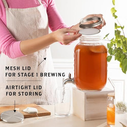 Kombucha Continuous Brewing Jar with Spigot - Gallon Glass Jar Dispenser & Scoby Starter Hotel with Mesh Lid & Airtight Lid - Designed by kitchentoolz for Home Fermentation