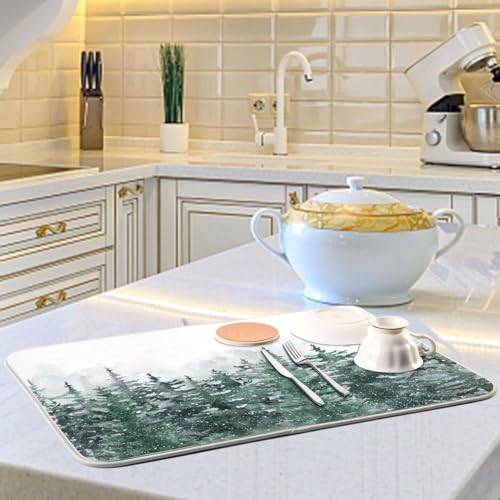 Winter Forest Scenery Dish Drying Mat for Kitchen Christmas Tree Snow Xmas Microfiber Drying Mats Absorbent Reversible Dish Pad Medium Dish Draining Mat 16x18 inch - size: 16" x 18"
