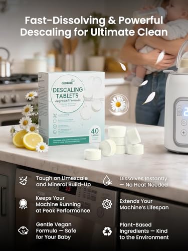 Descaling Tablets for Bottle Washer, Plant-Based Formula with Lemon & Chamomile, Sterilizer & Warmer, 40 Count, Descaler Limescale Remover, Removes Hard Water & Milk Residue