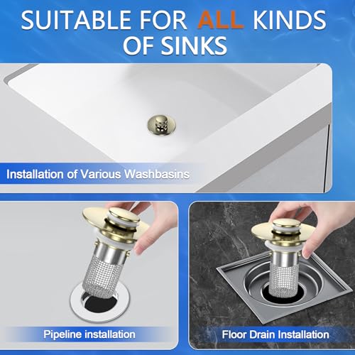 Bathroom Sink Drain Strainer,(4PCS) Pop-up Sink Drain Strainer with Removable Stainless Steel Strainer Basket Hair Catcher, Bathroom Sink Strainer for Bathroom Sink Stopper Replacement - color: 4, Brushed Gold