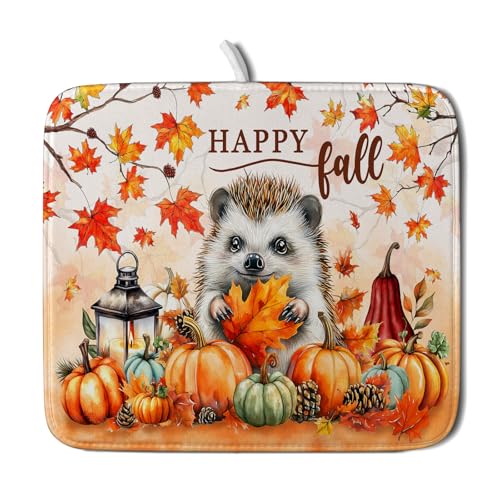 Happy Fall Dish Drying Mat - Cute Hedgehog Absorbent Drying Pad for Kitchen Counter - color: Happy Fall Yellow, size: 18" x 16"