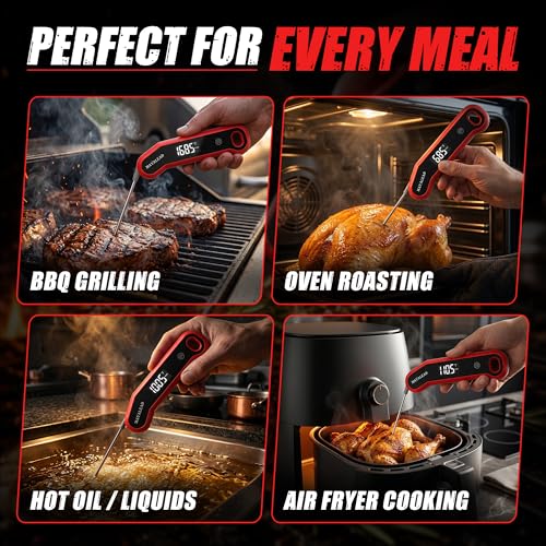 0.5 Sec Instant Read Meat Thermometer Digital Food Thermometer for Cooking Precise ±0.3℃, Magnet Store, Large Bright LED Display IP67 Waterproof BBQ Thermometer for Grill, Oven & Kitchen (Red)