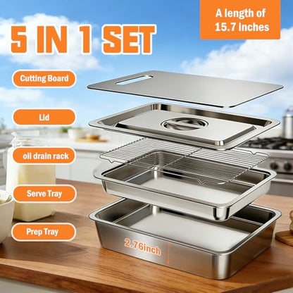5-Piece Grill Carry System, Thickened Stainless Steel Grill Prep Trays for BBQ and Oven Use with Oil Drain Rack, Marinade Container with Lid, Nested Storage, Grilling Prep and Serve Trays