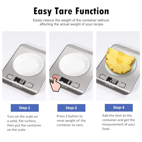 Food Scale, Kitchen Scales Digital Weight Food Grams and Ounces for Weight Loss Baking Cooking of NUTRI FIT, Max 11lb 1g Increment, Backlight LCD Smart Tare Stainless Steel, Easy to Use, AAA Battery - color: Silvery Grey