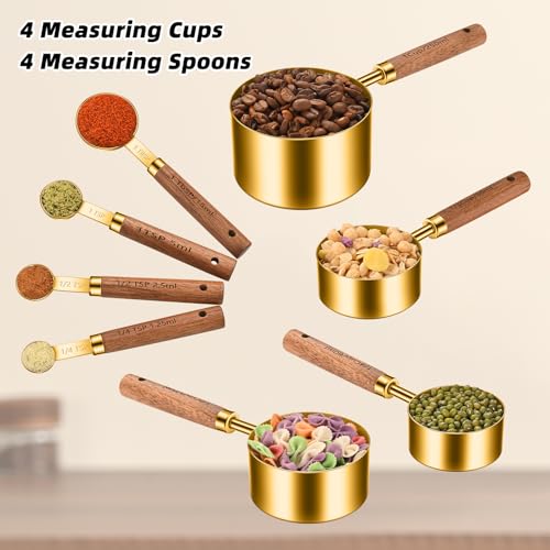Wooden Handle Measuring Cups & Spoons Set 8-Piece – Stainless Steel, Stackable, Rustic Farmhouse Kitchen Gadgets, Non-Toxic, Dishwasher Safe, Gift for Bakers & New Homeowners - size: Gold-wood handle