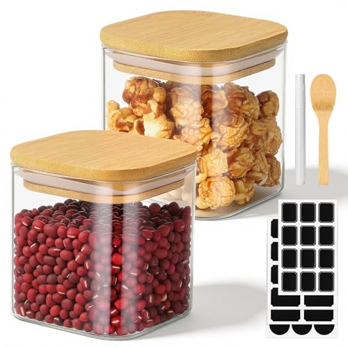 Square Glass Jar with Lid, 12 Fl.oz Glass Jars with Bamboo Lids Set of 2, Kitchen Pantry Storage Containers for Spice, Sugar, Coffee, Tea, Candy, Nuts - Included Labels, Marker and Spoon - color: 2 Pack, size: 12 fl.oz