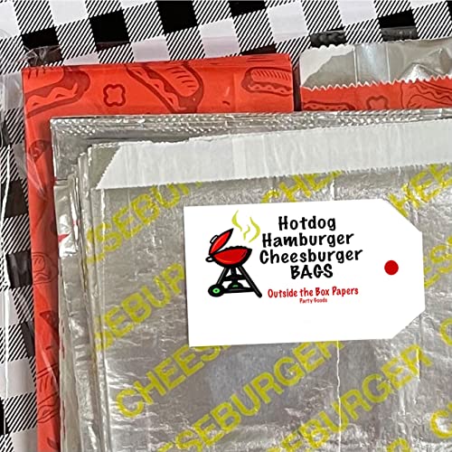 Outside the Box Papers Printed Foil Hamburger, Cheeseburger and Hot Dog Sacks 24 Each of Hamburger and Cheeseburger and 48 Hot Dog Bags Silver, Red, Yellow