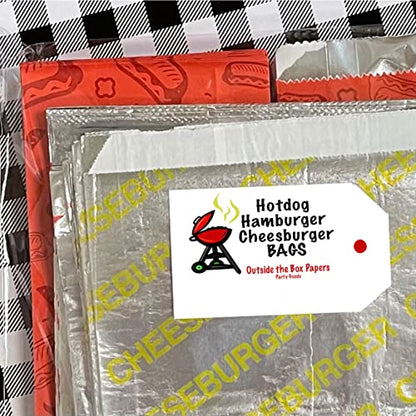 Outside the Box Papers Printed Foil Hamburger, Cheeseburger and Hot Dog Sacks 24 Each of Hamburger and Cheeseburger and 48 Hot Dog Bags Silver, Red, Yellow