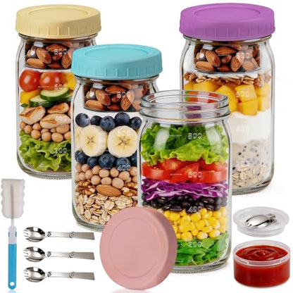 32oz Glass Wide Mouth Mason Jar with Divider and Lid | wet dry separated, plastic divider, leakproof lid, portable,wide mouth glass jar, meal prep, food-grade glass, freezer safe