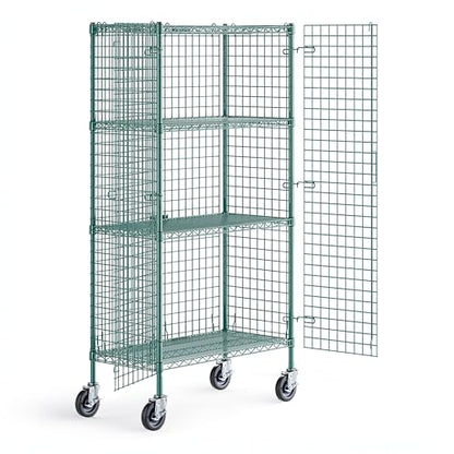 18" x 36" x 69" NSF Heavy Duty Mobile Green Epoxy Wire Shelves with Security Cage Kit, 4 Tier Metal Commercial Storage Rack with Wheels - color: Green, size: 18" x 36" x 69" with Wheels