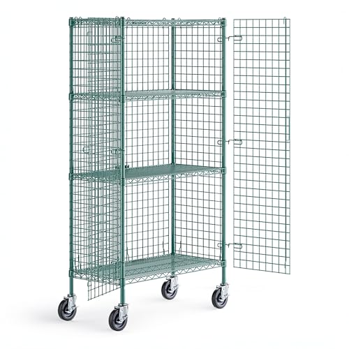 18" x 36" x 69" NSF Heavy Duty Mobile Green Epoxy Wire Shelves with Security Cage Kit, 4 Tier Metal Commercial Storage Rack with Wheels - color: Green, size: 18" x 36" x 69" with Wheels