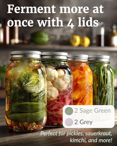 Elementi Mason Jar Fermentation Lids - Set of 4 Easy Grip Silicone Airlock Lids for Wide Mouth Mason Jars – Sauerkraut & Pickling Fermentation Kit – Self Burping Airlocks for Fermenting Kit - color: Sage Green, Stone Grey