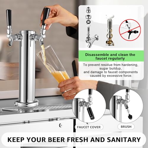 Dual Tap Kegerator Tower Beer Tap Tower 3" Draft Beer Tower Dispenser Keg Tower Beer Faucet Self-Closing Beer Tap Stainless Steel Kegerator Tap Tower Kit with Pre-Assembled Kegerator Line - size: Dual Tap Beer Tap Tower