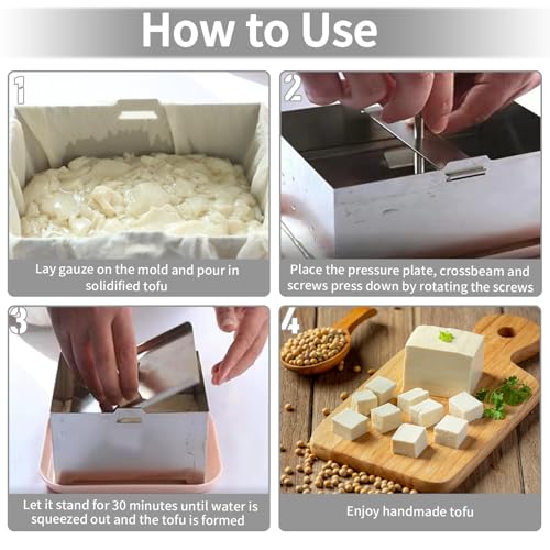 Tofu Press, SUS304 Paneer Maker with Presser Towel and Drip Tray, Fast Water Removal ，Stainless Steel Texture,Versatile for paneer and Chees e Press